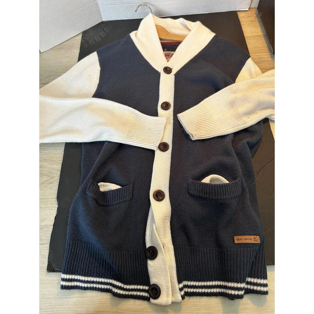 Tokyo Laundry Varsity Knit Cardigan Navy Cream Men’s Size XL